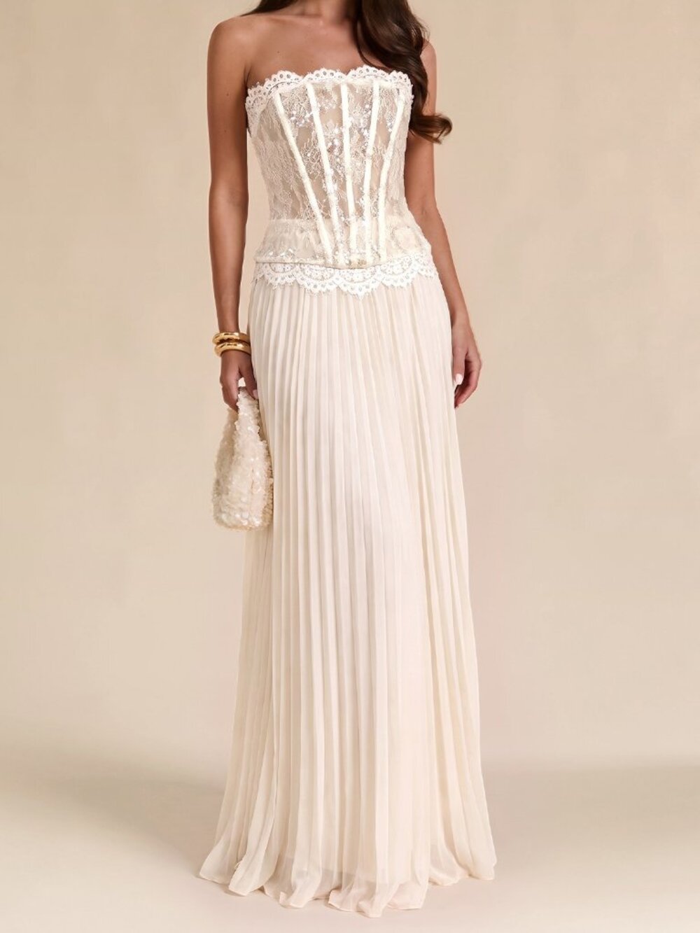 Apricot Elegant Women's Lace Strapless Corset Pleated Maxi Skirt
